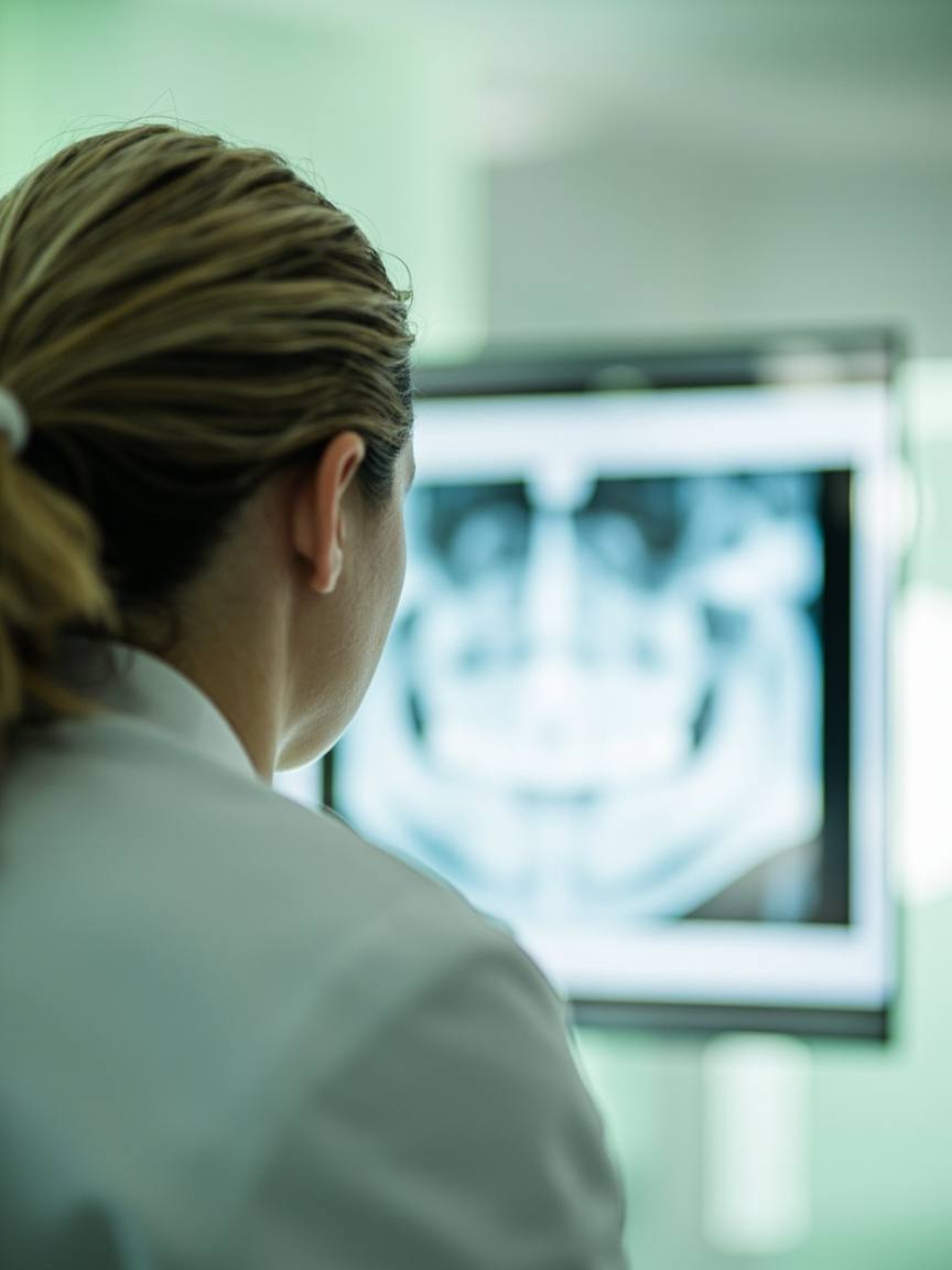 Praticienne en blouse blanche devant une radiographie dentaire