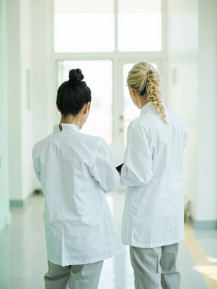 Deux praticiennes en blouse échangeant devant un dossier